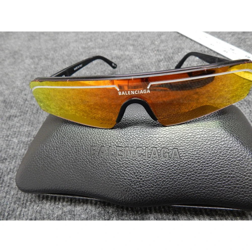 Balenciaga BB0003S 007 Shield Sunglasses Orange Mirrored Lens Italy Black Frame